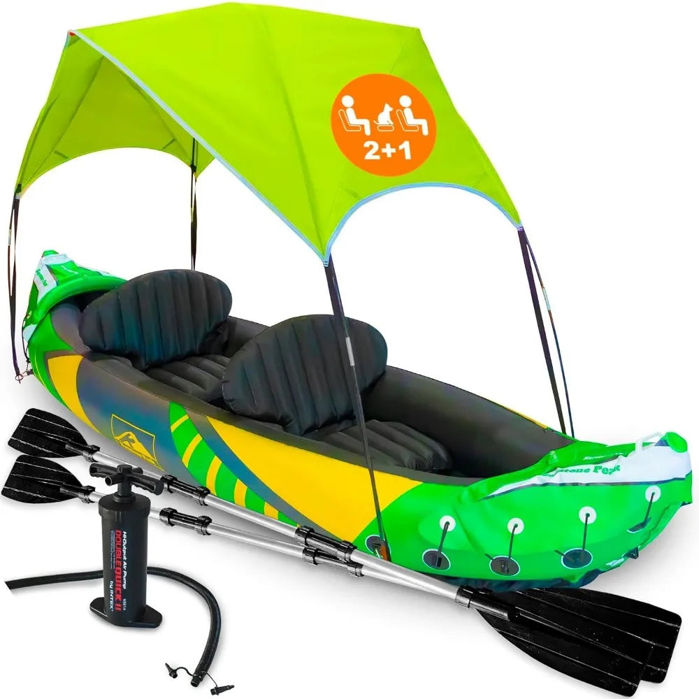 (W103) Tandem Inflatable Kayak With Detachable Sun Canopy for 2 Adults and a Small 3rd Seat for Child/Pet/Storage.