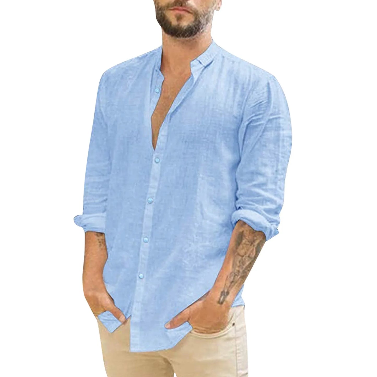 (Y105) Men's Casual,Plus Sized,Loose Cotton Collar,Long Sleeve,Button-Down Shirts.