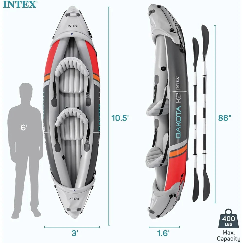 (W108) INTEX Dakota K2, Tandem Inflatable PVC Kayak, Accessory Kit With 86"Oars,Air Pump, And Carry Bag For Rivers.