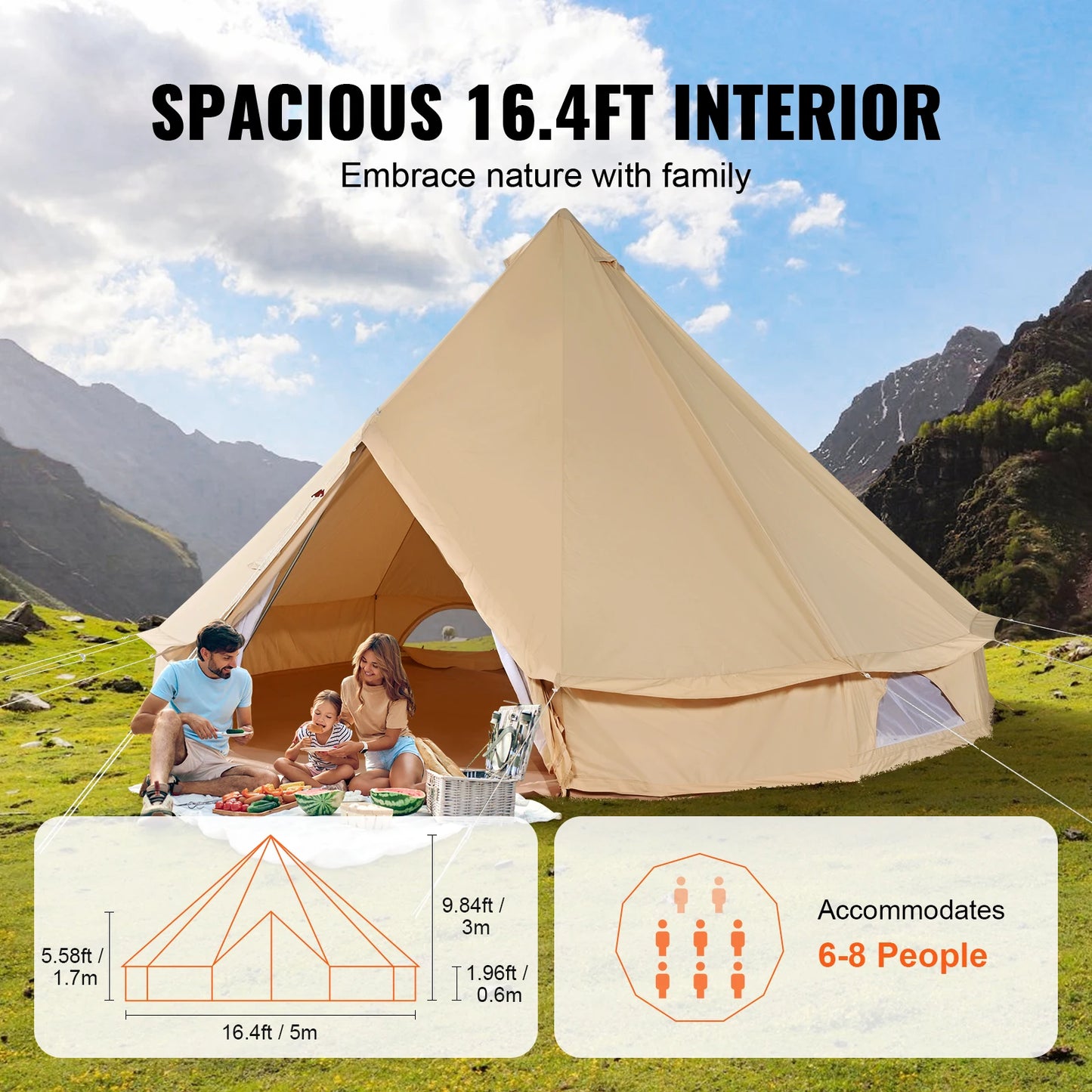 VEVOR Canvas Bell Tent 4 Seasons 3/4/5/6/7m Yurt Tent Canvas Tent for Camping with Stove Breathable Tent Holds up to 8 People