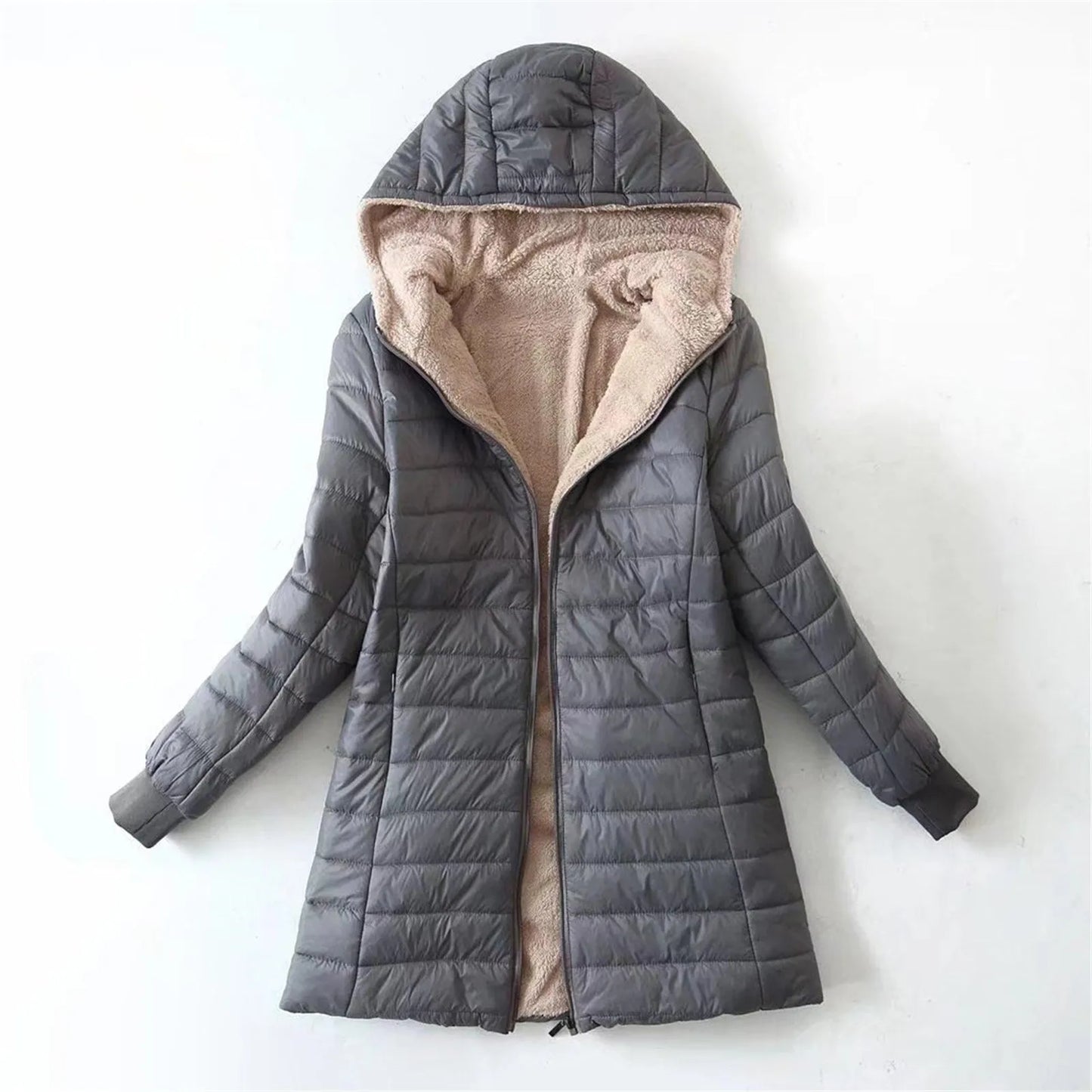 (X104) Women's Hooded, Zippered Fleece Down Overcoat, Thickened,Comfortable,Fuzzy.