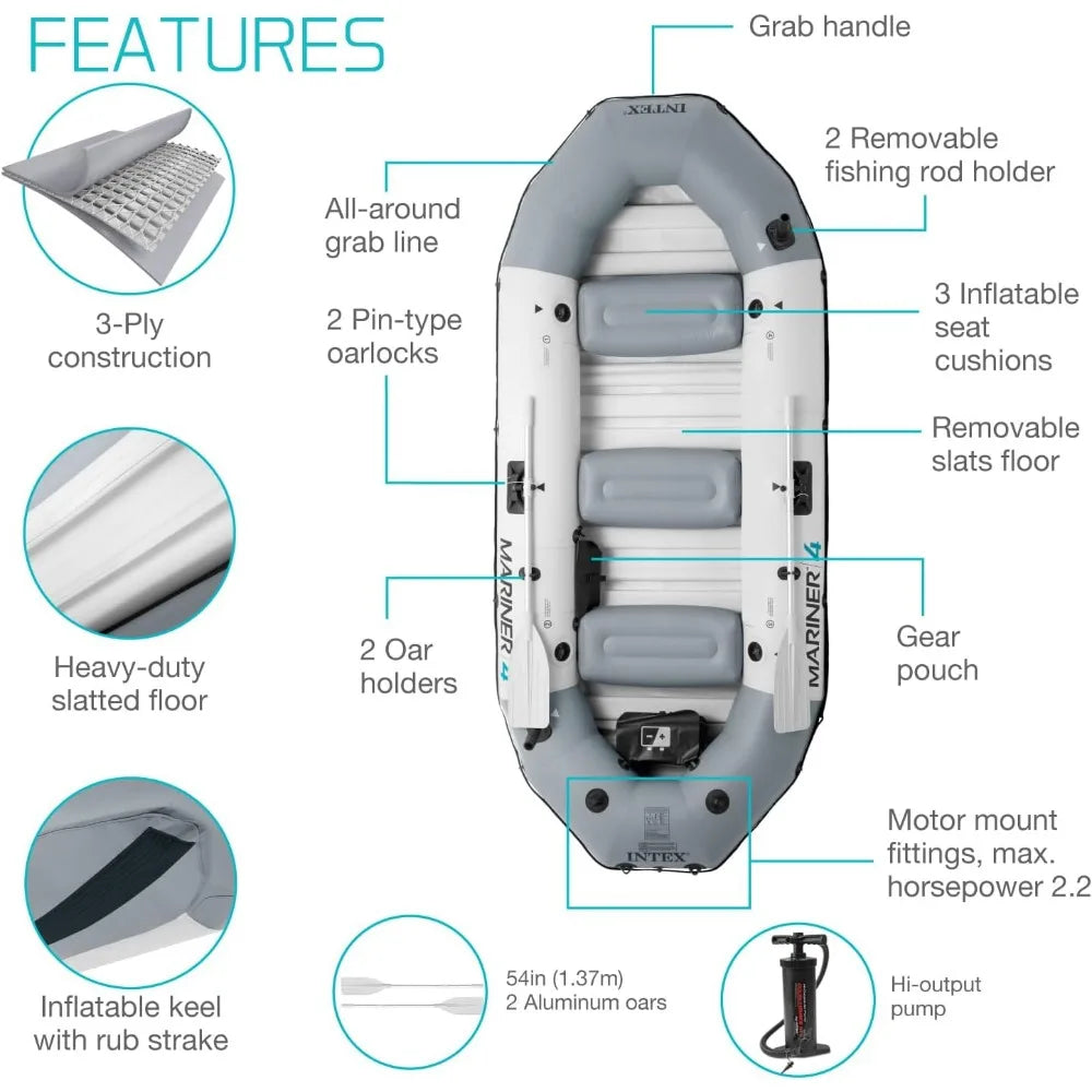 (W106) INTEX Mariner 4, Inflatable Boat Set:Deluxe 10'9" Boat With A Water-Resistant Keel,4'6"Oars And A Pump.