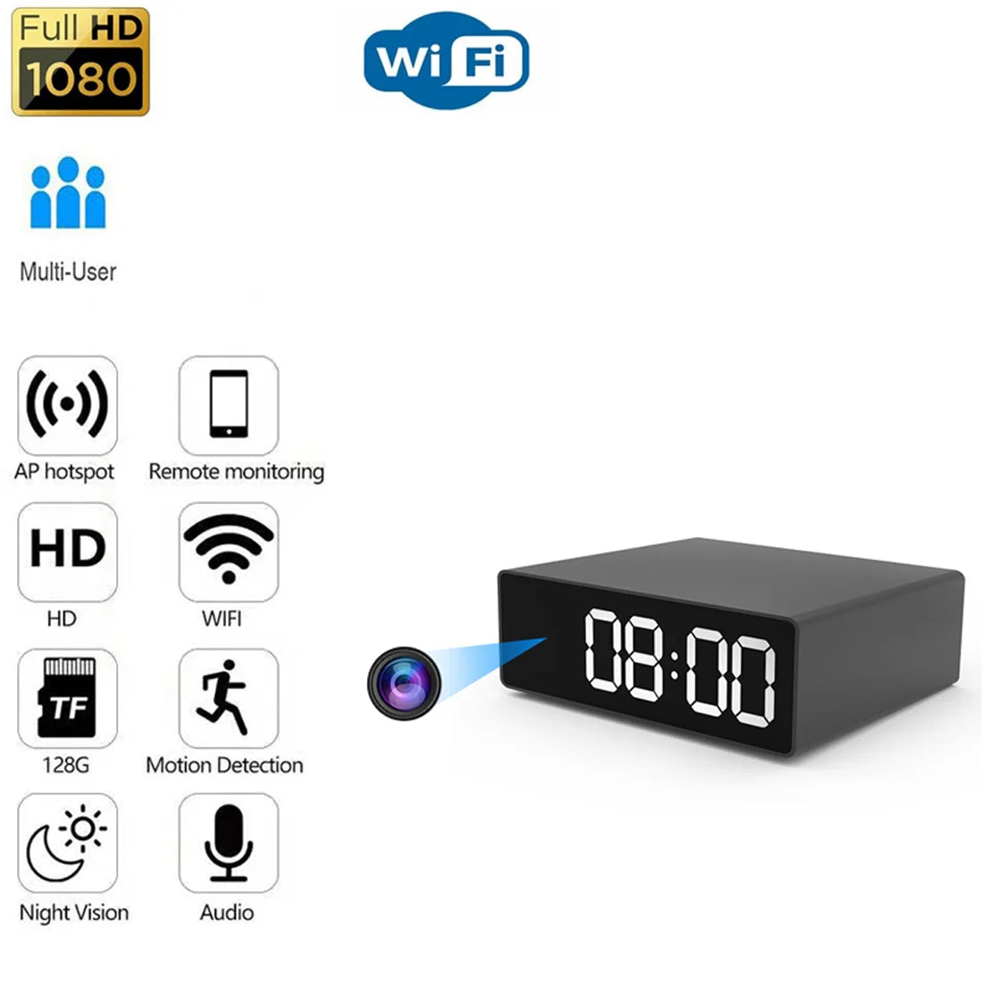 (F104) Mini.Camera Alarm Clock,HD 1080P Wifi Wireless APP,Night Vision,DVR,Motion Detection.