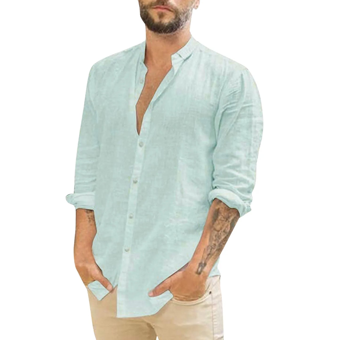 (Y105) Men's Casual,Plus Sized,Loose Cotton Collar,Long Sleeve,Button-Down Shirts.