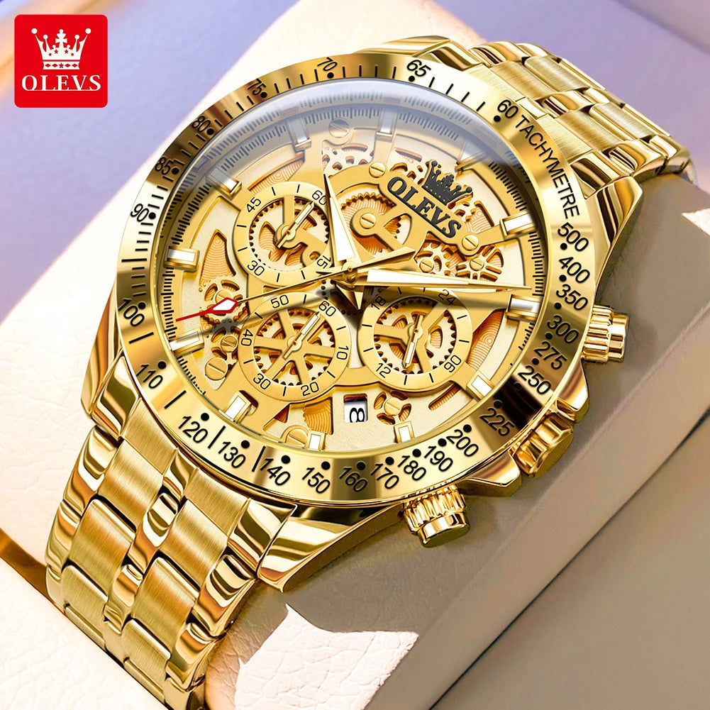 (Y101) OLEVS Gold Men's, Skeleton Design,Stainless Steel,Waterproof,Wristwatches.