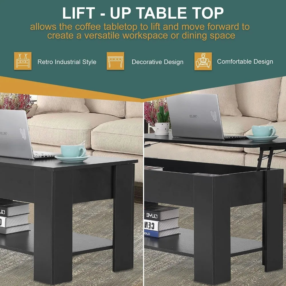 (I102) Lift Top Coffee Table with Hidden Compartment and Shelf.