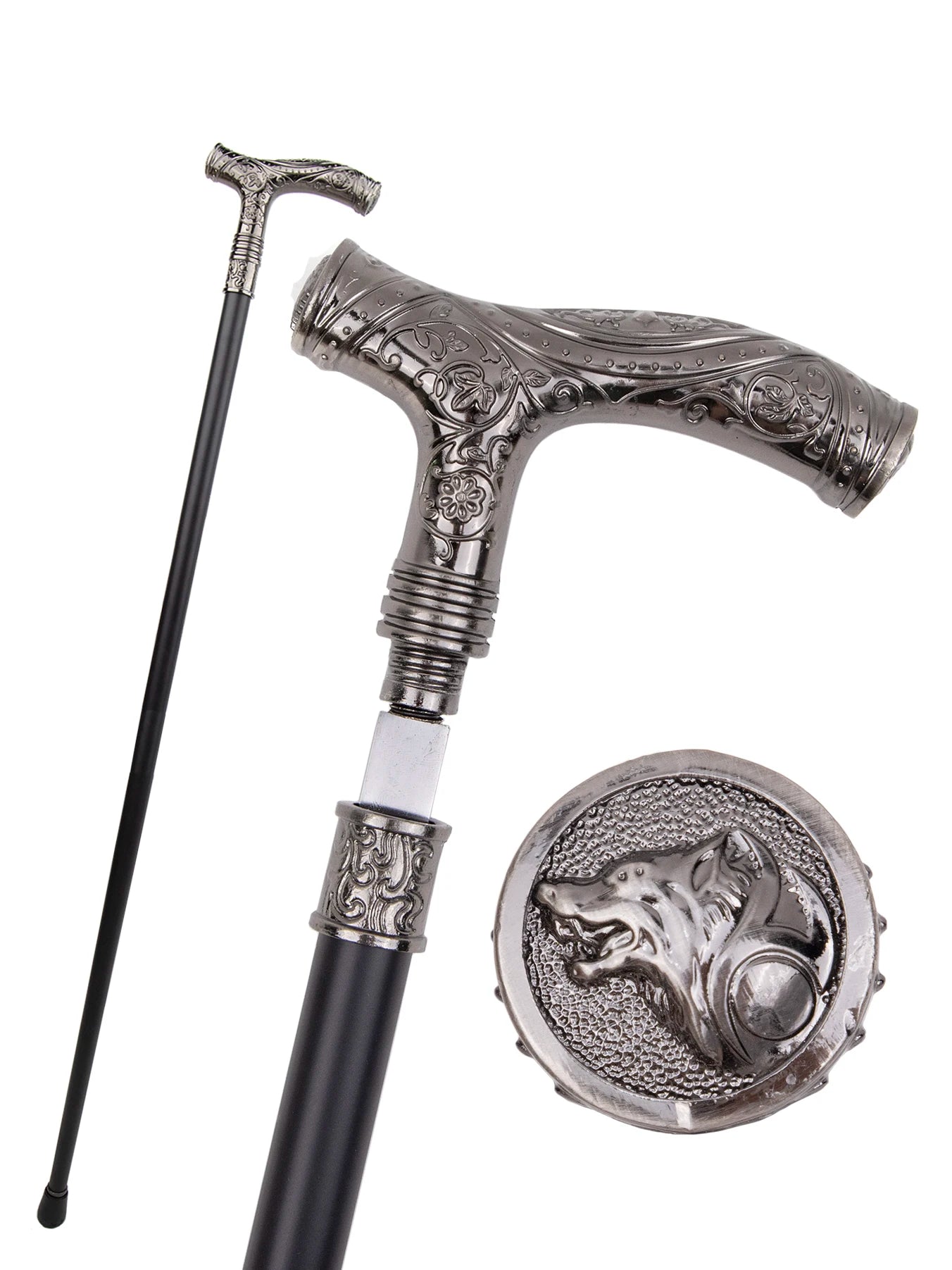 (S144) Silver Wolf Head Flower Single Joint Walking Stick with Hidden Plate Self Defense Fashion Cane  Cosplay Crosier 93cm