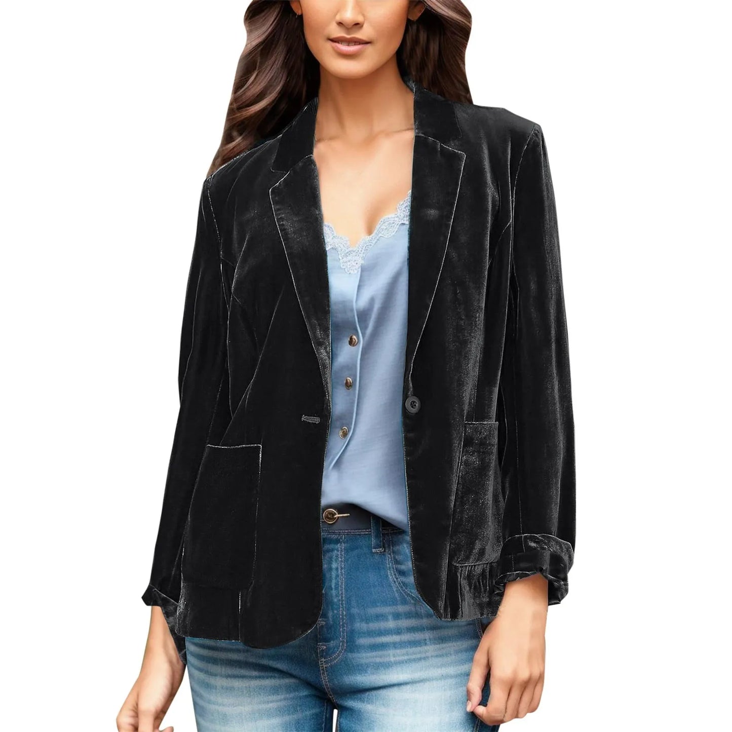 (X107) Elegant Women's Velvet Overcoat,Long Sleeve, Breasted,Lapel,Blazer Jackets.