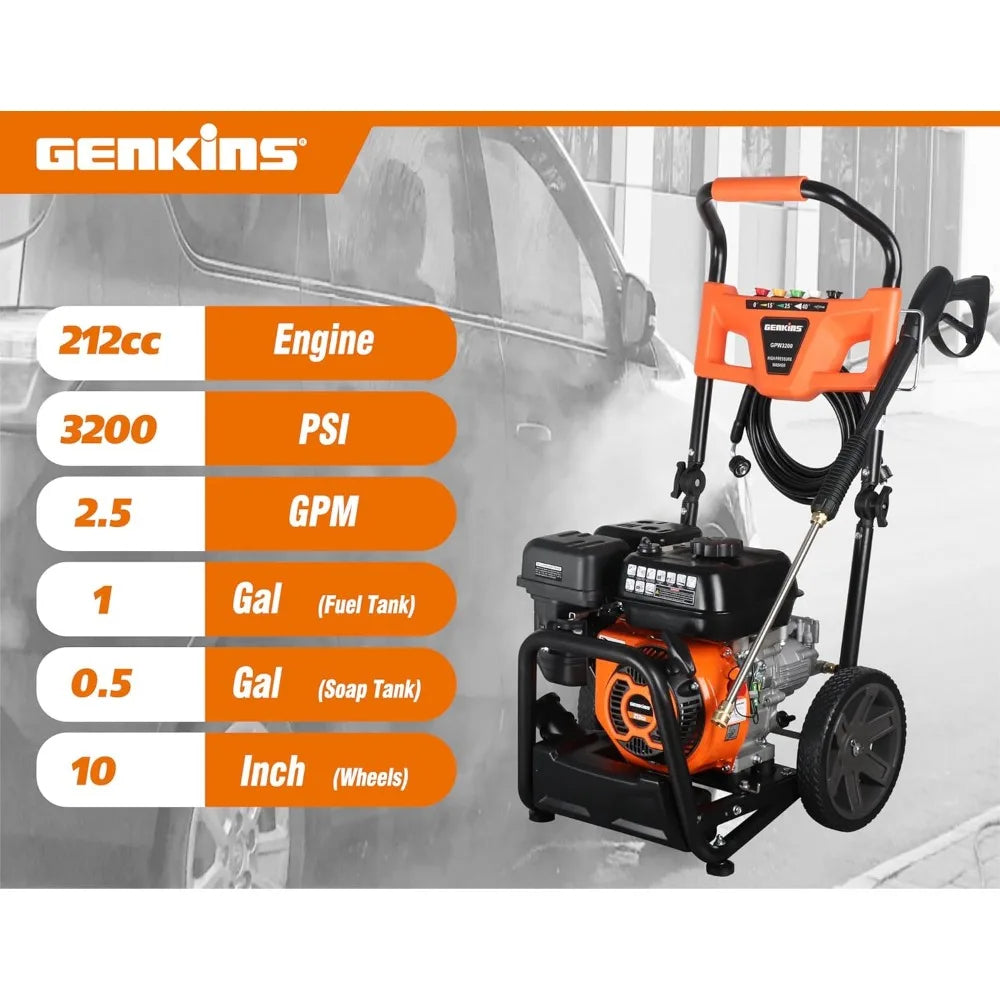 (T124) GPW3200 Gas Powered Pressure Washer 3200 PSI And 2.5 GPM, Soap Tank and Five Nozzle Set | Compact & Foldable.