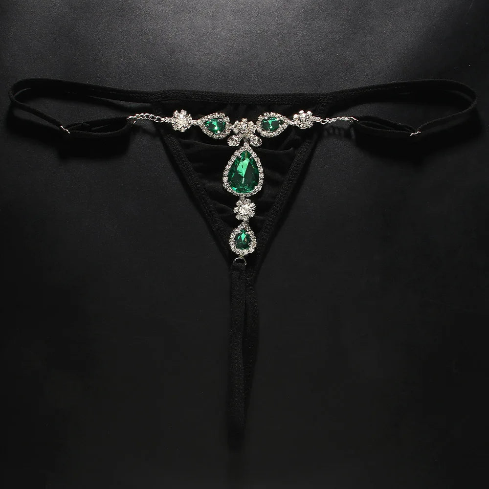 (X103) Vintage Jewelry,Green, Waterdrop,Thong Bikini.Luxury Rhinestone Underwear.