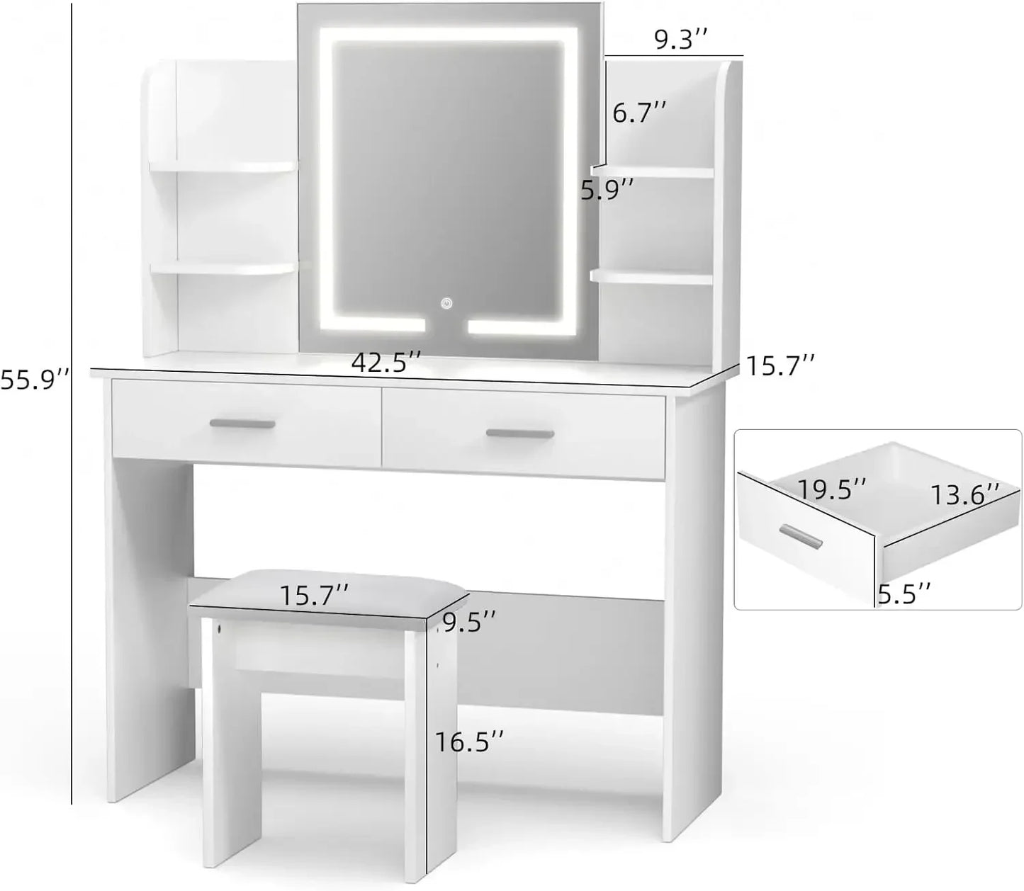 (I116) Lighted Mirror Vanity Desk With Adjustable 3 Color Light Options and 6 Storage Shelves.