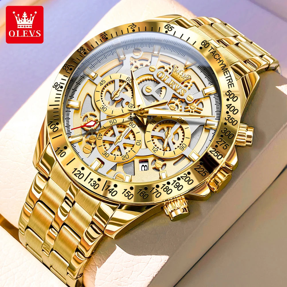 (Y101) OLEVS Gold Men's, Skeleton Design,Stainless Steel,Waterproof,Wristwatches.