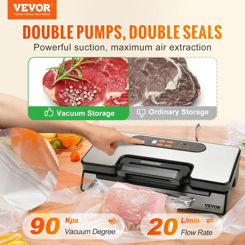 VEVOR Vacuum Sealer Machine Food Preservation Storage Saver 90Kpa for Dry Moist Food Storage Automatic and Manual Air Sealing