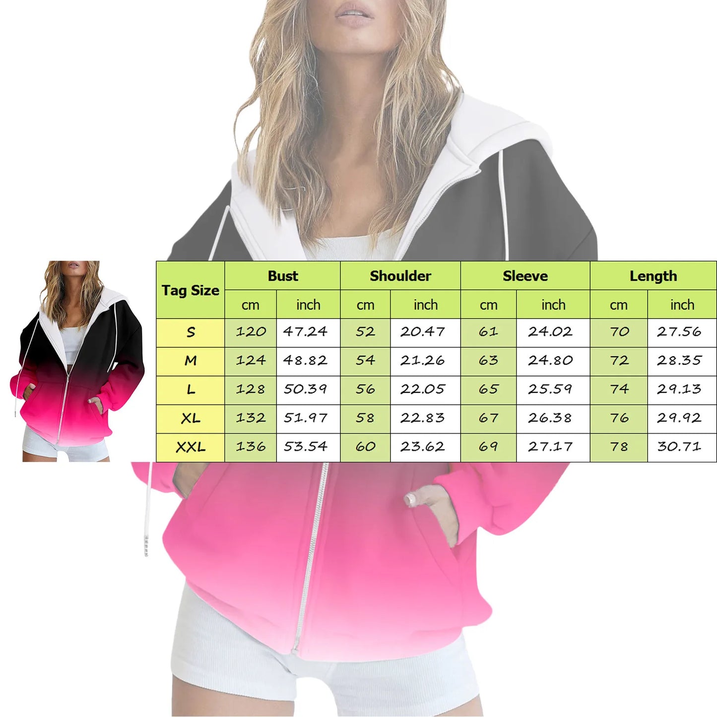 (X108) Women's Casual,Zip-Up, Hooded,Drawstring,Sweatshirts, W/Pockets And Gradient Colors.