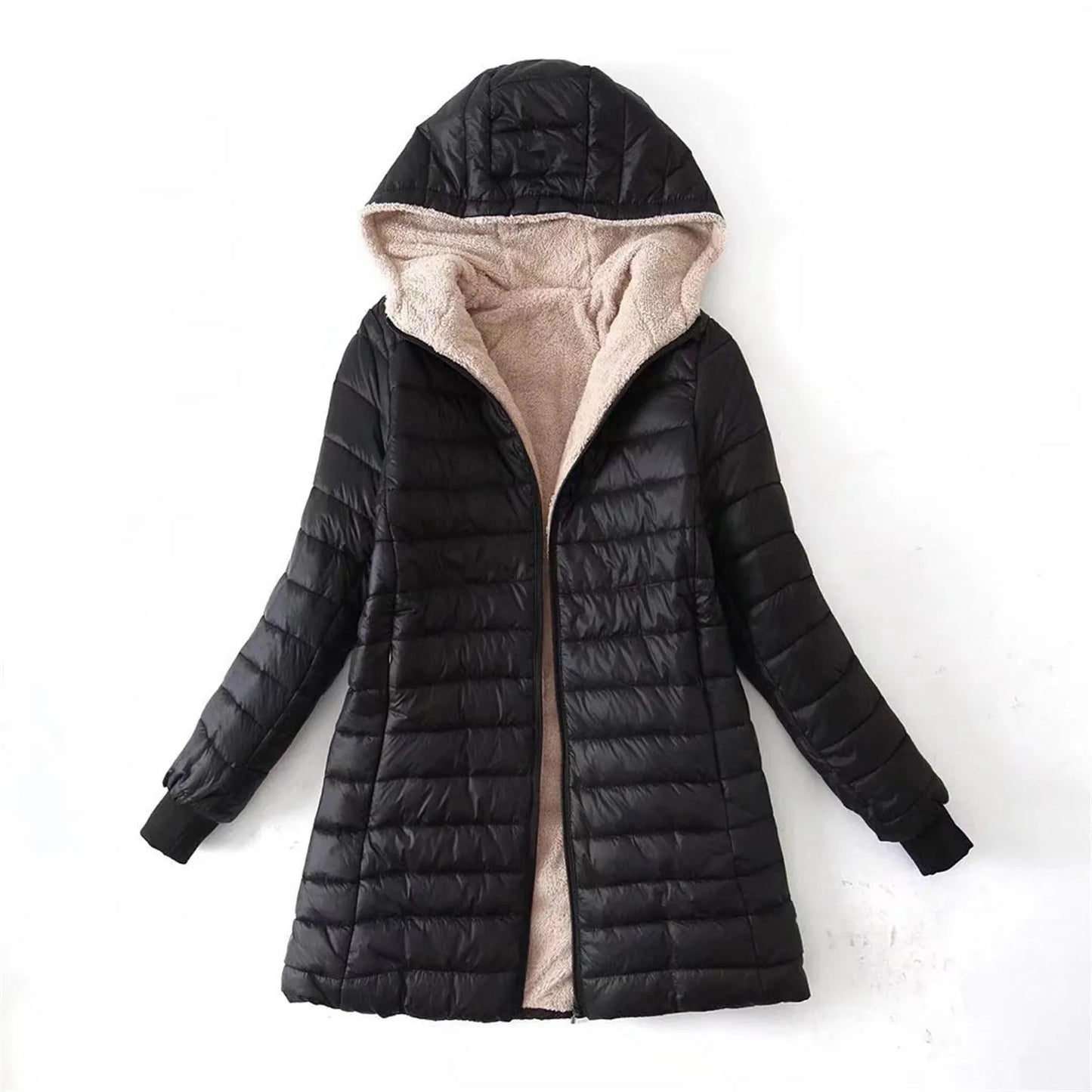 (X104) Women's Hooded, Zippered Fleece Down Overcoat, Thickened,Comfortable,Fuzzy.